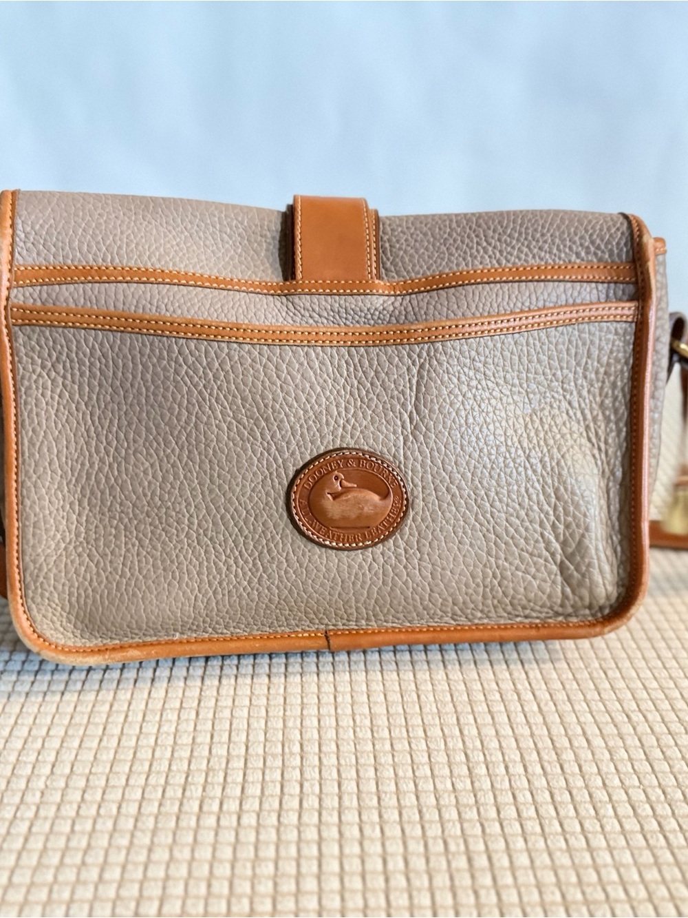 Dooney & Bourke Taupe Pebbled Leather Crossbody with Tan Trim